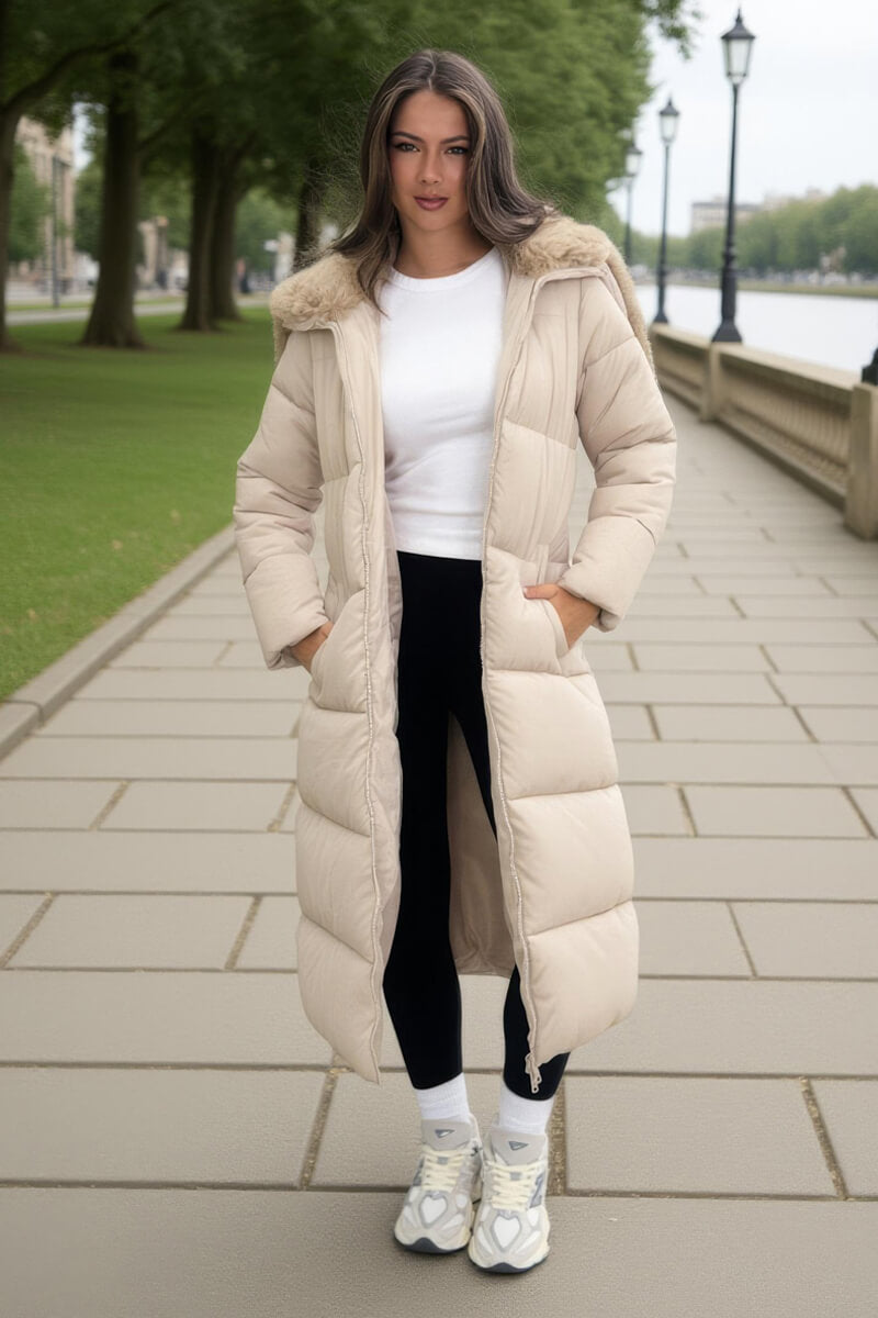 Cream Split Hood Longline Puffer Coat