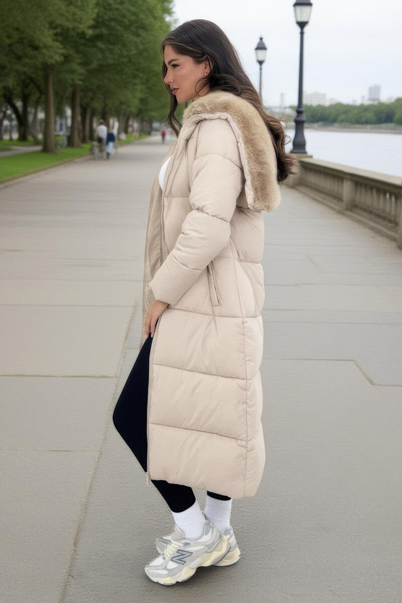 Cream Split Hood Longline Puffer Coat