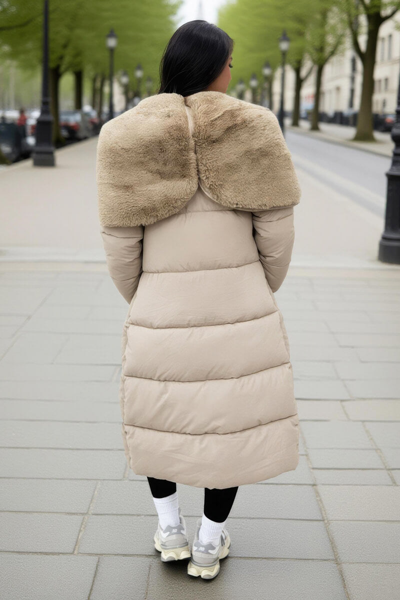 Cream Split Hood Longline Puffer Coat