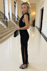 Black Velvet Pattern Off The Shoulder Draped Top Midi Dress