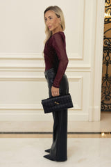 Plum Diamante Long Sleeve Mesh Bodysuit