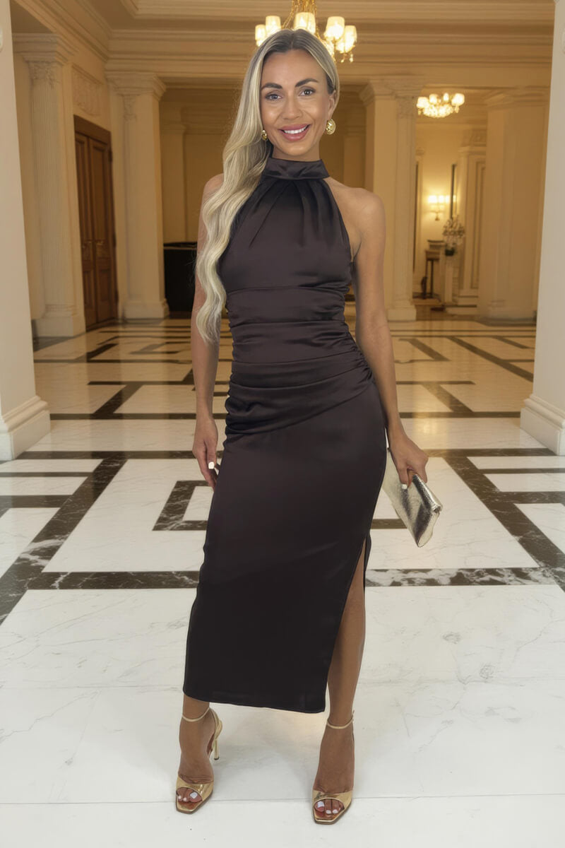 Chocolate Halter Neck Draped Waist Midi Dress