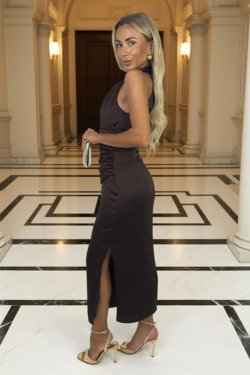 Chocolate Halter Neck Draped Waist Midi Dress