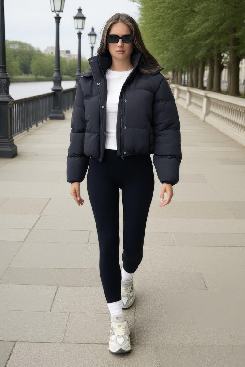 Black Hooded Short Puffer Coat
