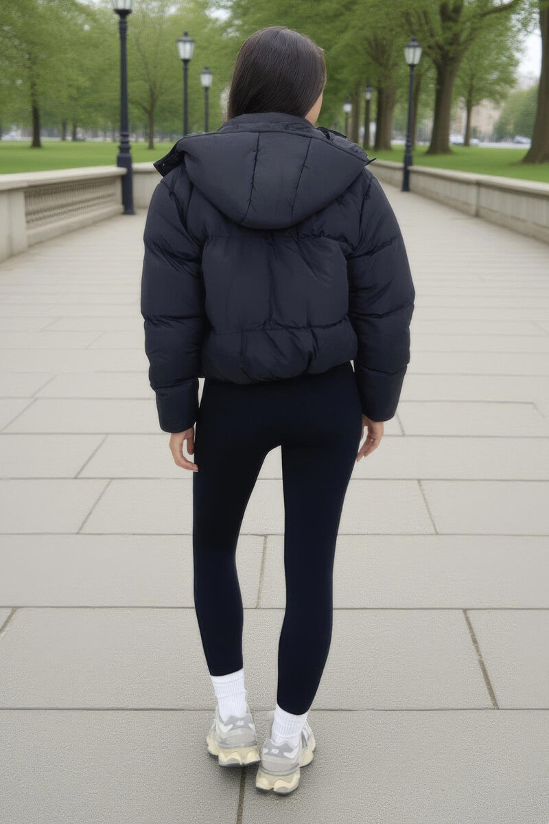 Black Hooded Short Puffer Coat