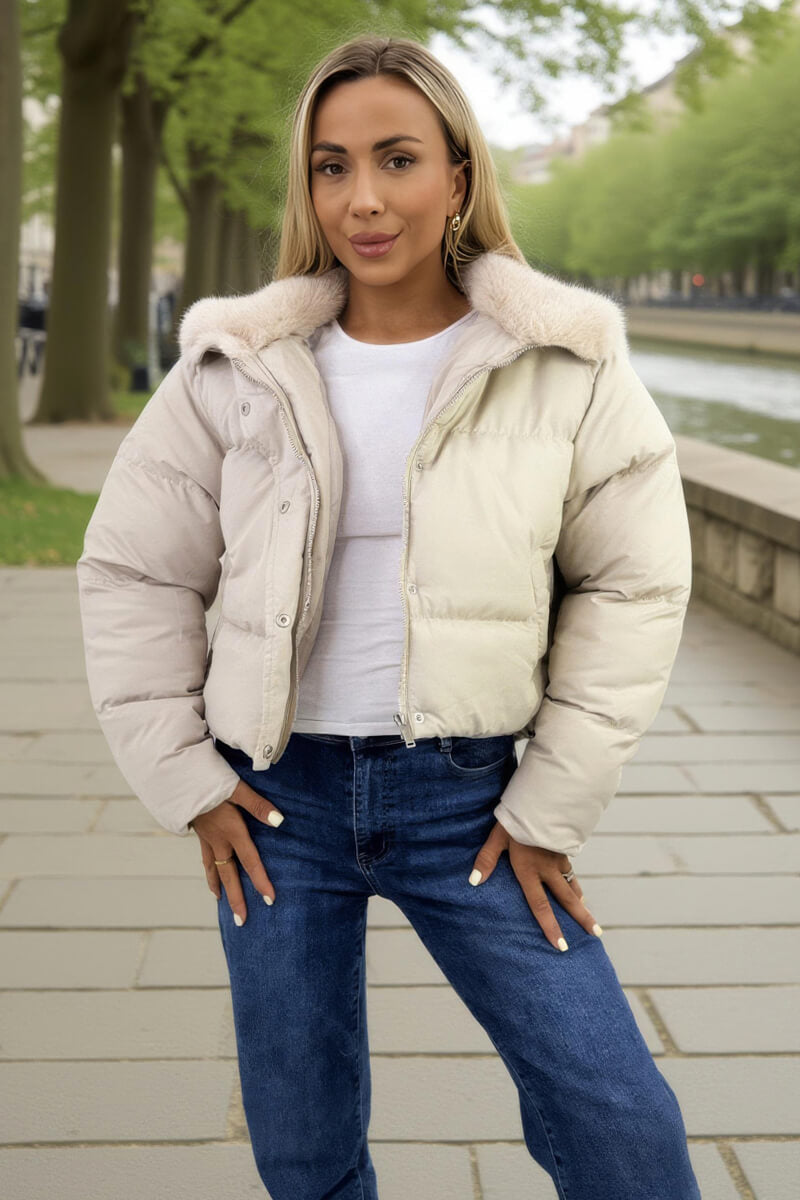 Cream Split Hood Short Puffer Coat