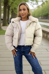 Cream Split Hood Short Puffer Coat