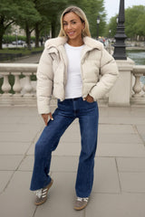 Cream Split Hood Short Puffer Coat