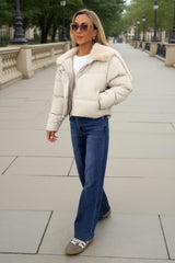 Cream Split Hood Short Puffer Coat