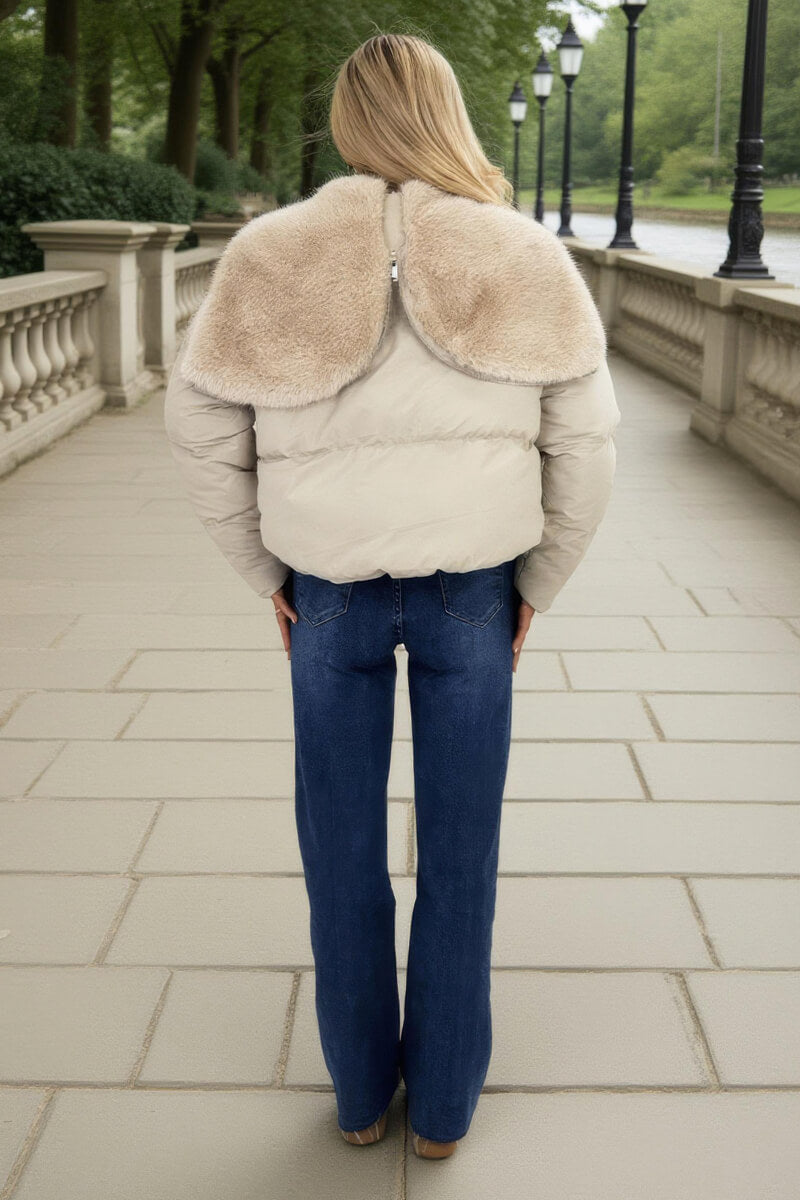 Cream Split Hood Short Puffer Coat