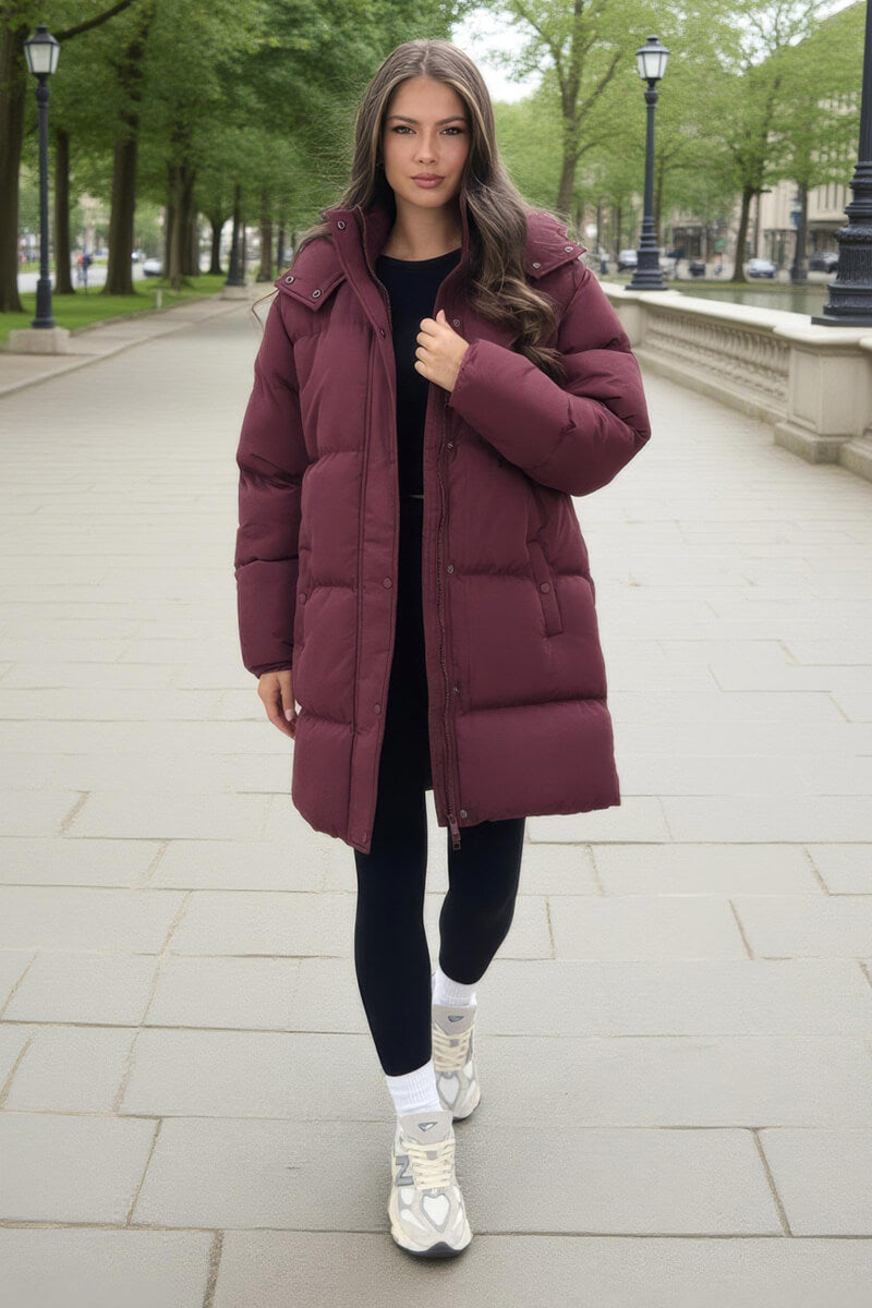 Burgundy Hooded Longline Puffer Coat