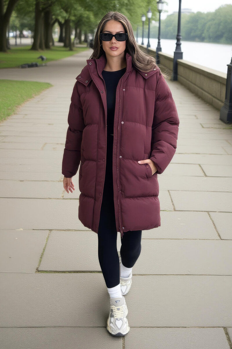 Burgundy Hooded Longline Puffer Coat