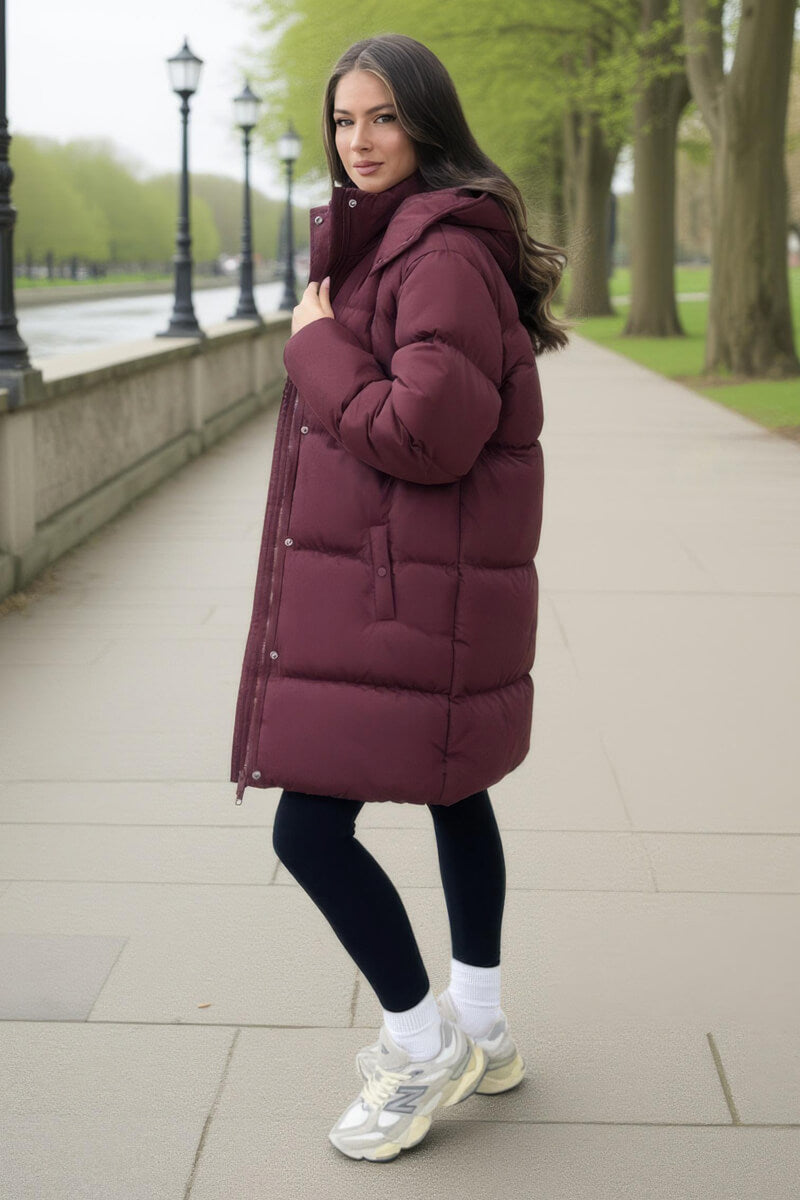 Burgundy Hooded Longline Puffer Coat