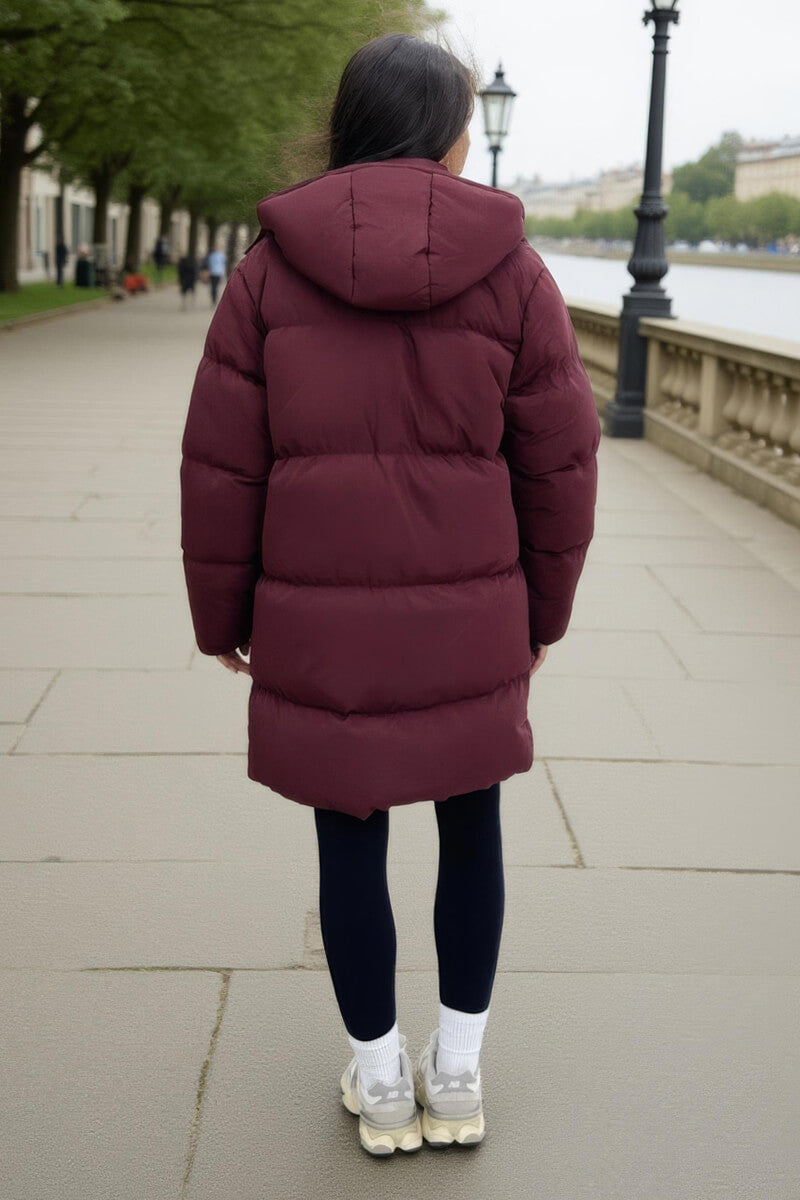 Burgundy Hooded Longline Puffer Coat