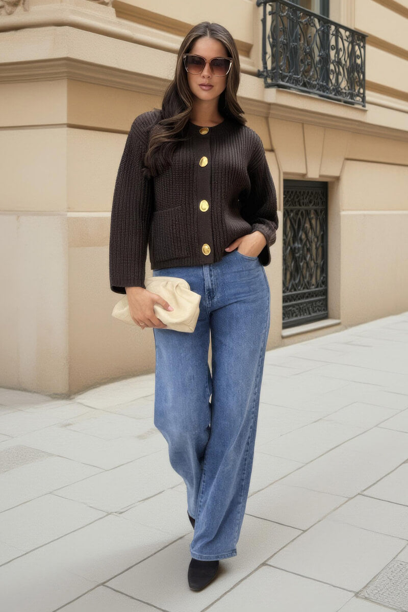 Chocolate Knitted Gold Button Front Cardigan