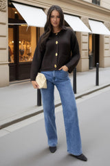 Chocolate Knitted Gold Button Front Cardigan