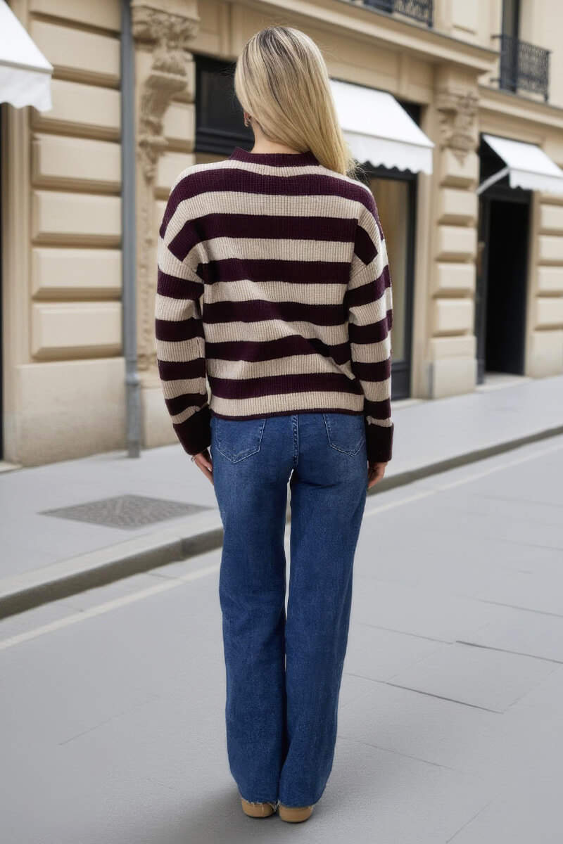 Burgundy And Oatmeal Striped Crew Neck Jumper