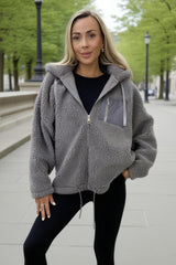 Grey Pocket Detail Hooded Teddy Jacket
