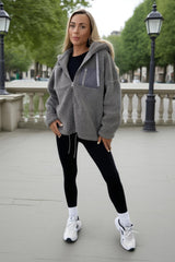 Grey Pocket Detail Hooded Teddy Jacket