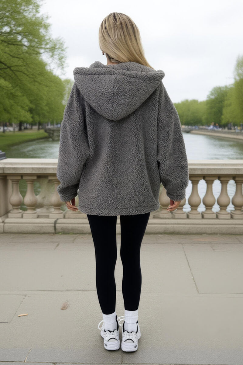 Grey Pocket Detail Hooded Teddy Jacket
