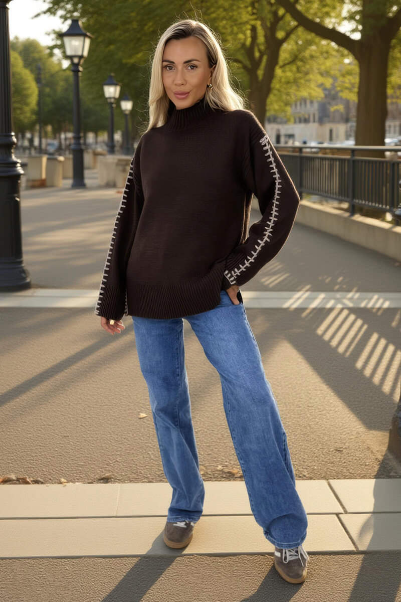 Chocolate Mock Neck Blanket Stitch Detail Jumper