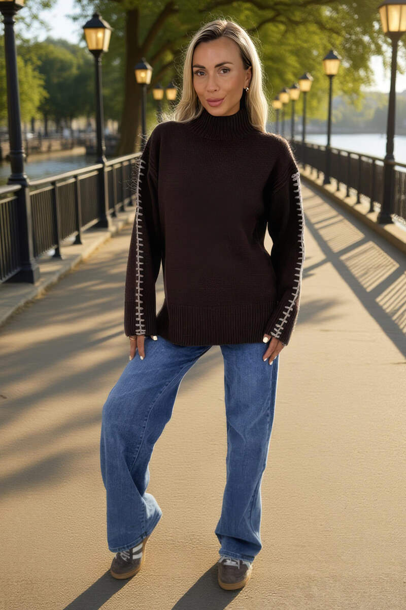 Chocolate Mock Neck Blanket Stitch Detail Jumper