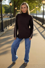 Chocolate Mock Neck Blanket Stitch Detail Jumper