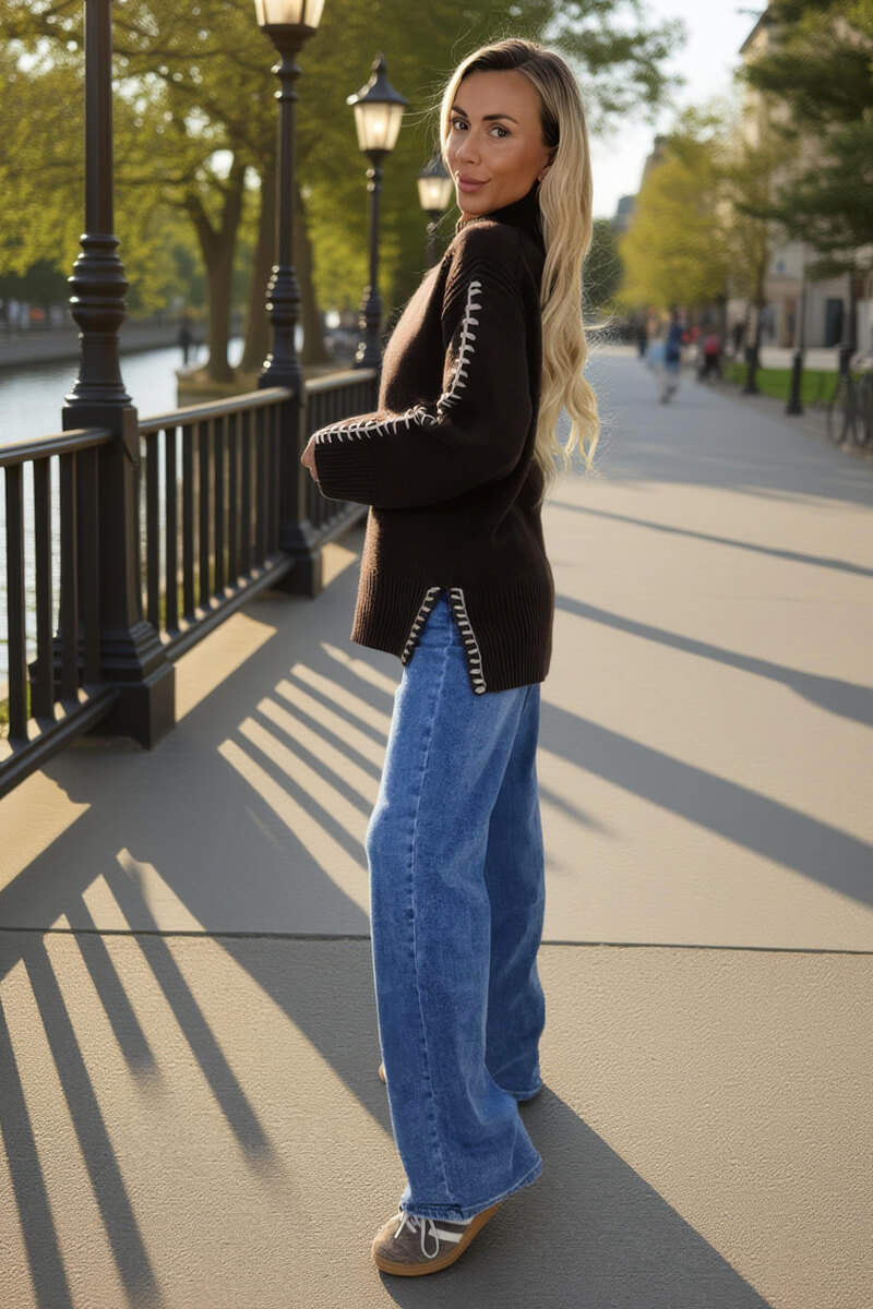 Chocolate Mock Neck Blanket Stitch Detail Jumper