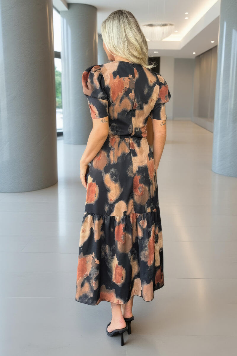 Multi Smudge Print Short Sleeve Smock Midi Dress