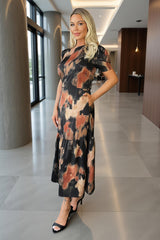 Multi Smudge Print Short Sleeve Smock Midi Dress
