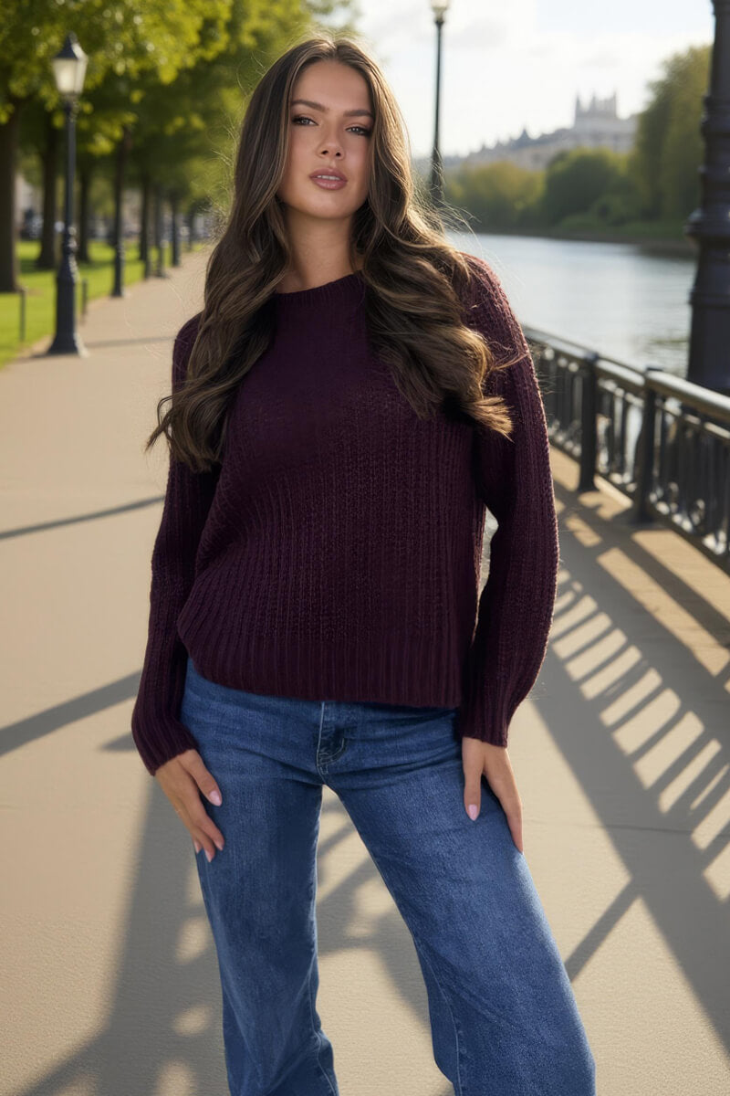 Burgundy Round Neck Knit Jumper