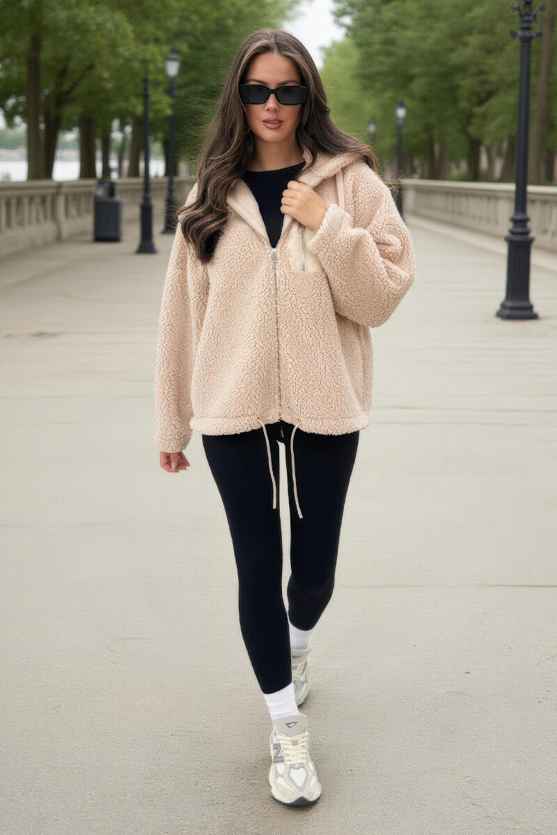 Oatmeal Pocket Detail Hooded Teddy Jacket