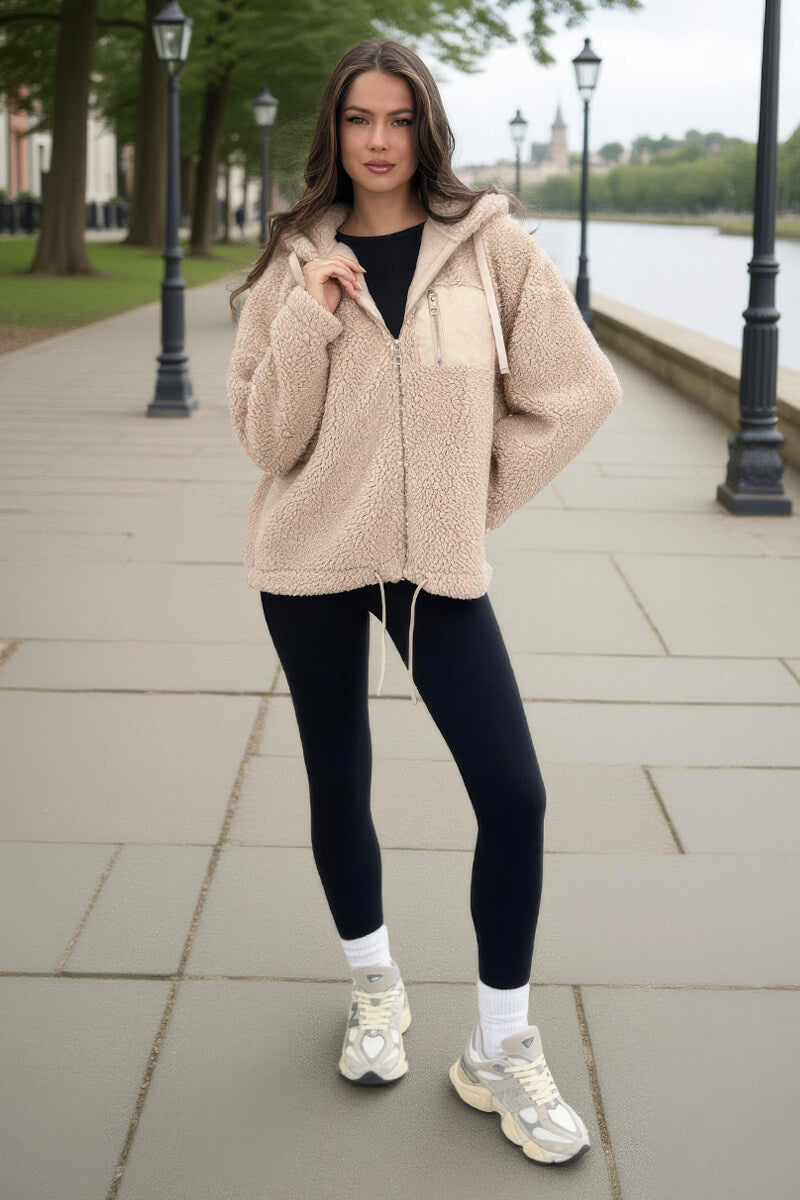 Oatmeal Pocket Detail Hooded Teddy Jacket