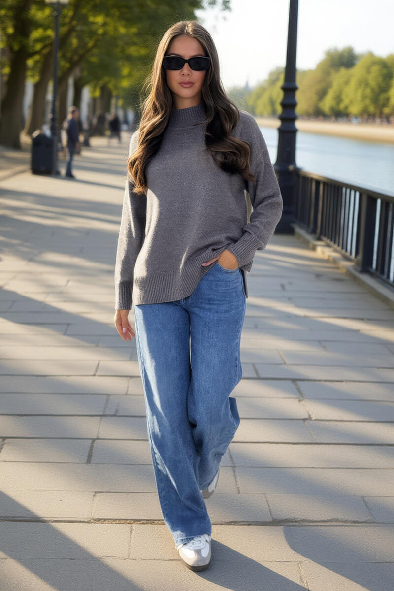 Grey Mock Neck Split Hem Jumper