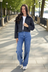 Dark Grey Marl Zip Up Pocket Detail Boxy Jacket