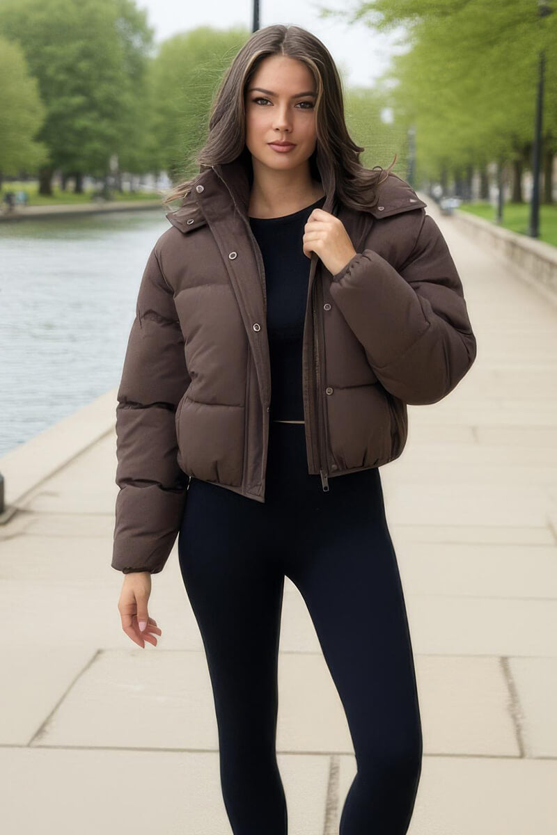 Chocolate Hooded Short Puffer Coat
