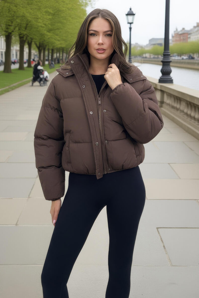 Chocolate Hooded Short Puffer Coat