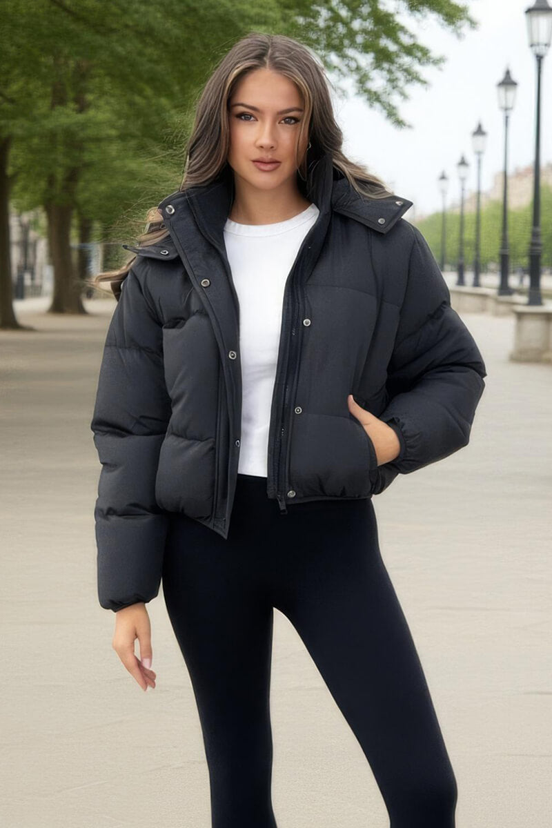 Black Hooded Short Puffer Coat