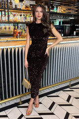 Chocolate Velvet Sequin Round Neck Midi Dress