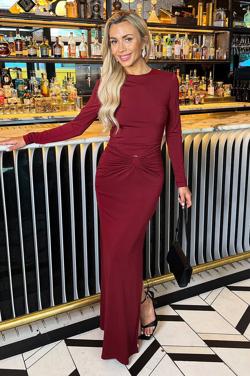 Burgundy Long Sleeve O-Ring Detail Bodycon Midi Dress