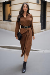 Tan Faux Suede Belted Wrap Shirt Midi Dress