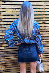 Blue Animal Print High Neck Elasticated Top