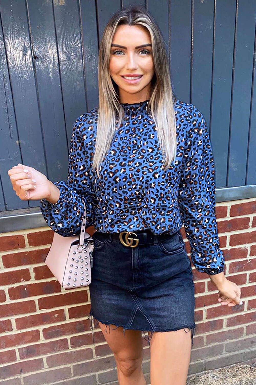 Blue Animal Print High Neck Elasticated Top