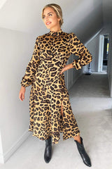 Camel Leopard Print Silky High Neck Dress