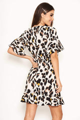 Cream Leopard Print Frill Wrap Dress