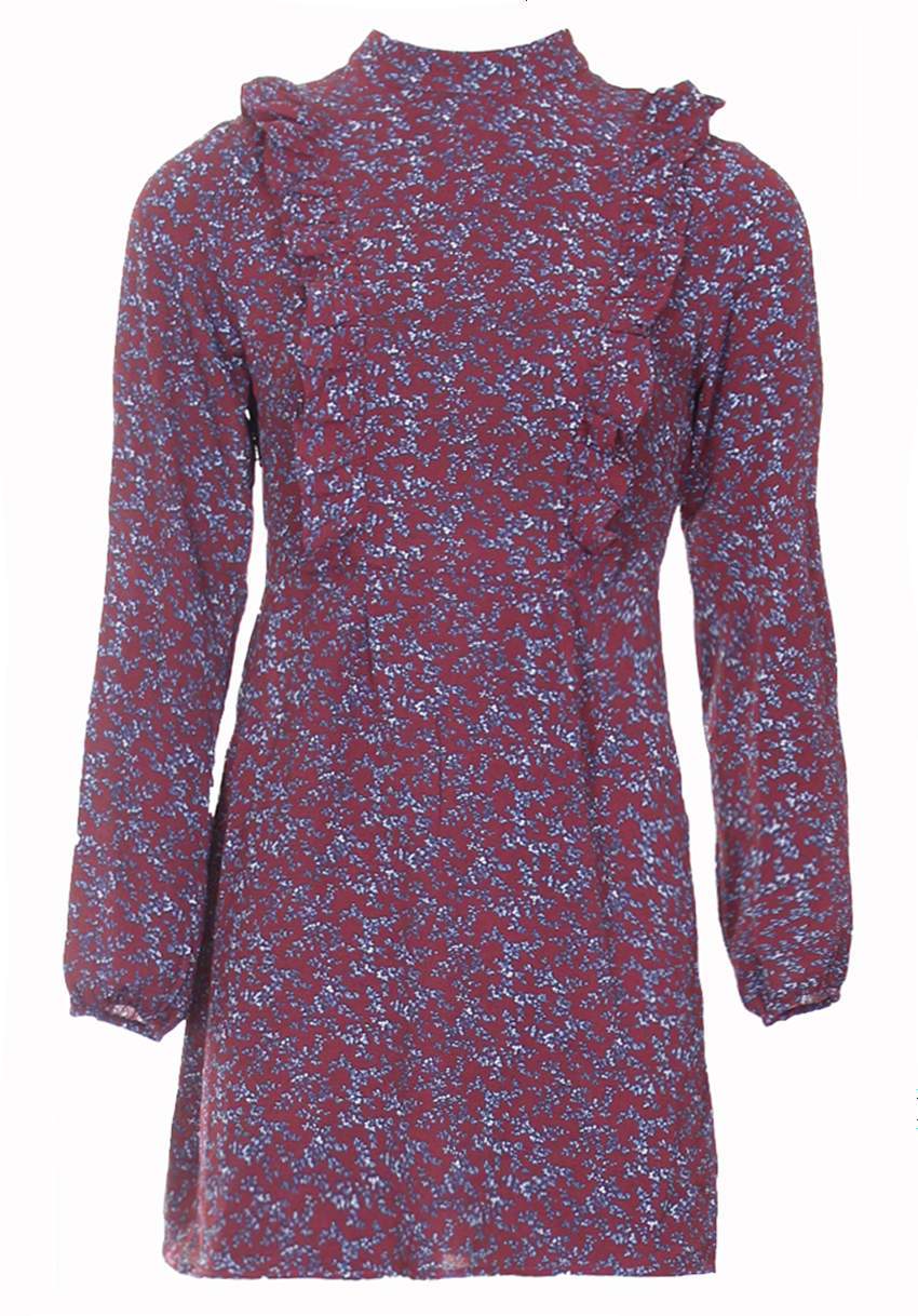 Wine Long Sleeve Frill Detail Skater Dress