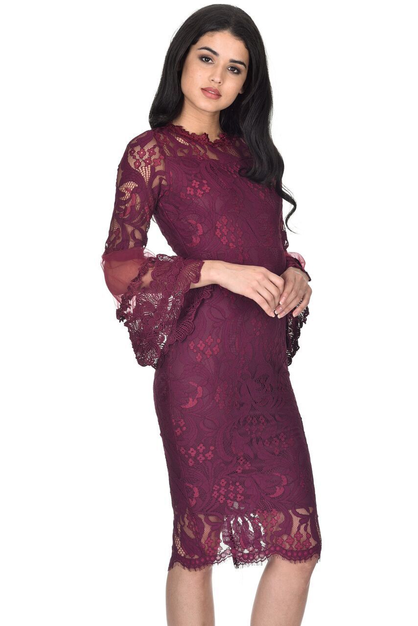 Plum Lace Frill Sleeve Midi Dress