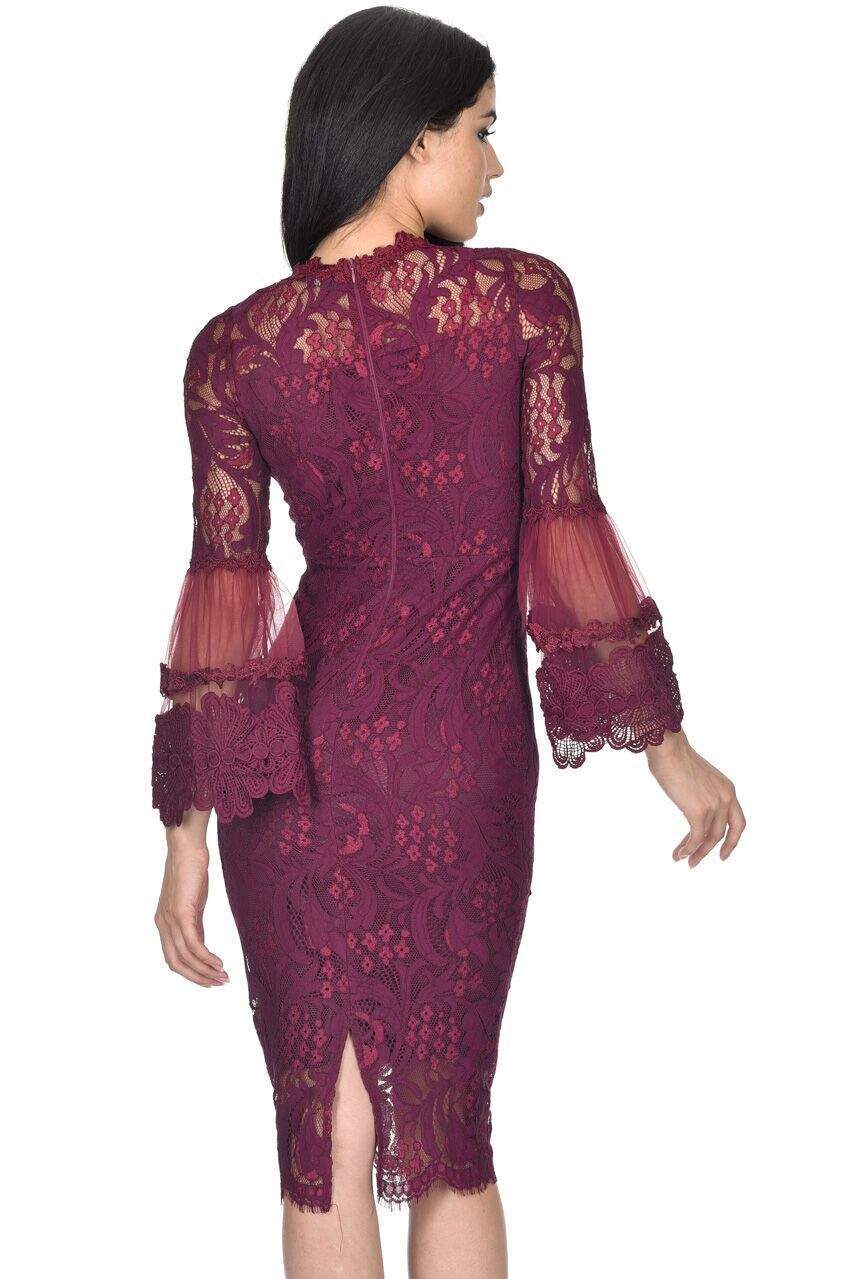 Plum Lace Frill Sleeve Midi Dress