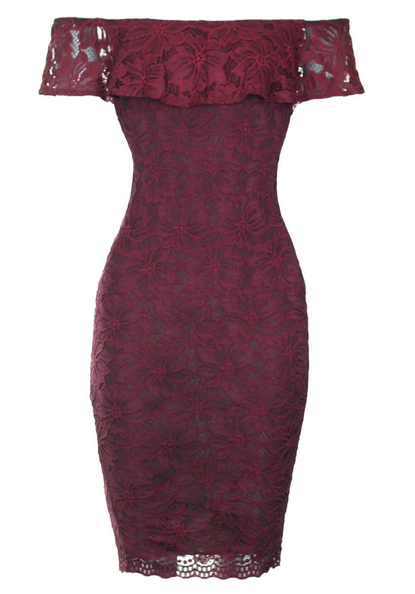 Wine Ruffled Off The Shoulder Lace Midi Dress
