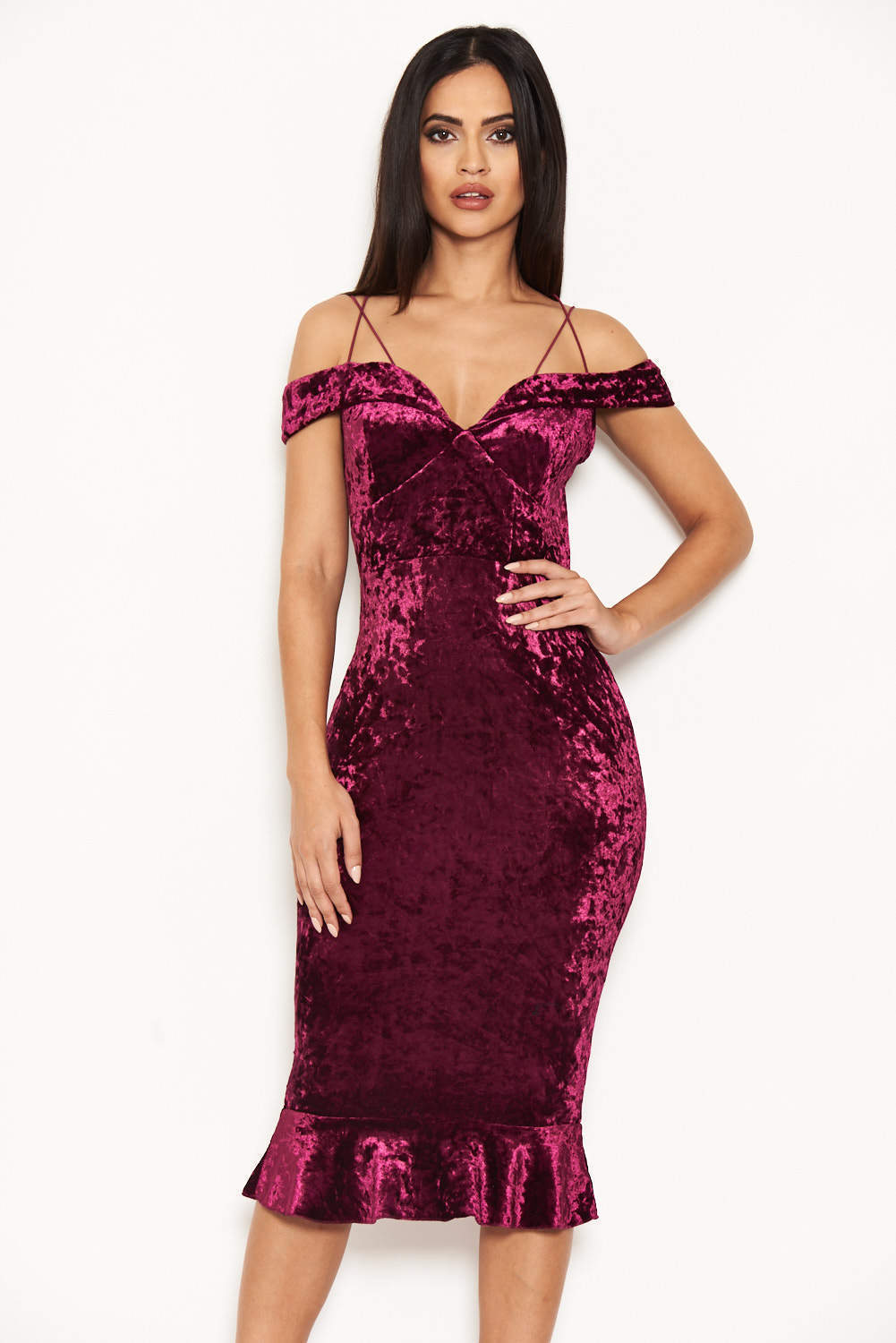 Plum Velvet Off The Shoulder Midi Dress With Frill Hem